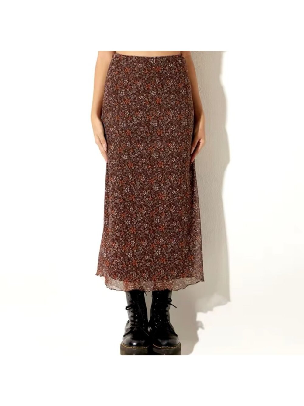 NEW Fairy Grunge Y2K Floral Mesh Midi Skirt Sz M Brown Stretch Pull-On 90s - Picture 3 of 7